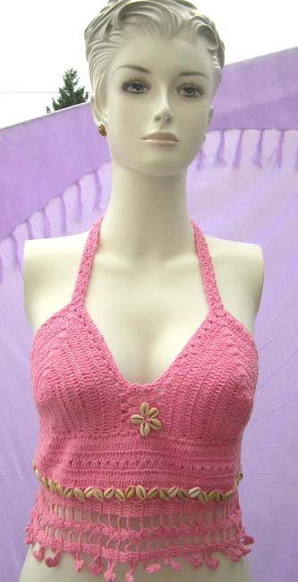 Hot beach top with seashell decorated crochet bodice and flower design between bust imported by b2b factory exchange company 
