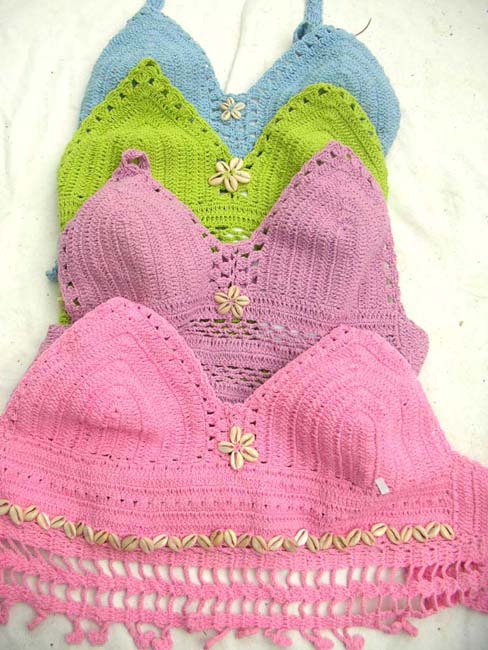 Hot beach top with seashell decorated crochet bodice and flower design between bust imported by b2b factory exchange company 