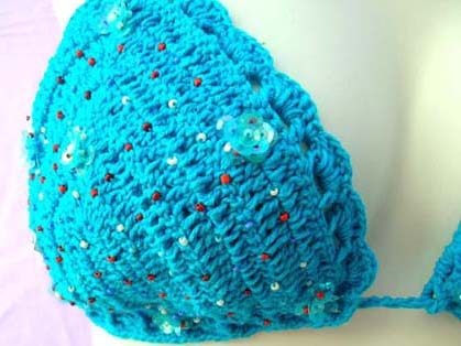 Hot summer fashion beach wear supply catalog store distributes Fine crafted crochet string bikini set with glittery sequins