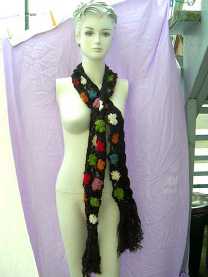 Womens shopping wholesale catalog collection, Bali fashion scarf in fine, black crochet design with colorful floral pattern 