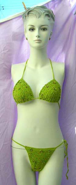 Ladies beach string bikini in sexy crochet knit with multi colored beads and sequin sold at wholesale cost from import supply manufacturer