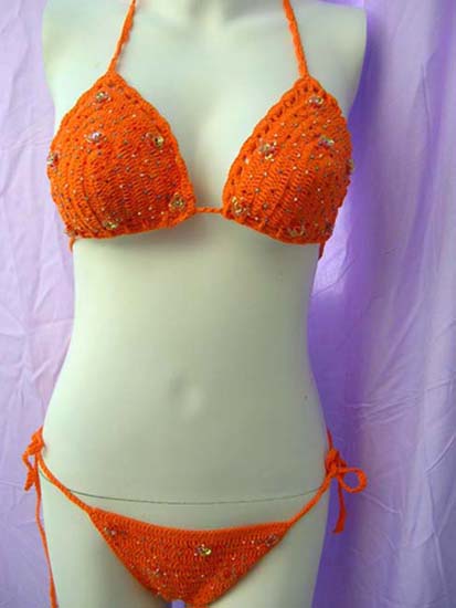 Designer apparel b2b trade dealer exports Sexy summer string bikini in orange embroidered thread with colorful beads