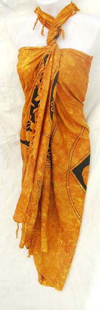Indonesian art designs on orange bali shawl manufactured by wholesale distribution catalog company