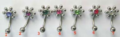 Banana barbell wholesale -- Fashion banana barbell rings with six small ball around the centre cz stone        