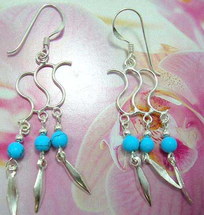 Solid 925. sterling silver French fish hook earwires earring with triple S shape holding a turquoise beads and dangle