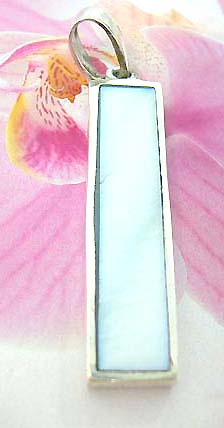 Long retangular  Thailand made solid sterling silver charm pendant with light blue / white seashell inlay                      