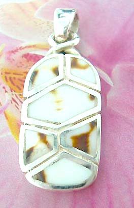 Multi white seashell pieces forming oval shape pattern Thailand made solid sterling silver charm pendant                      