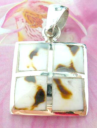 Square Thailand made solid sterling silver charm pendant with 4 mini square shape brown spotted white seashell inlay
