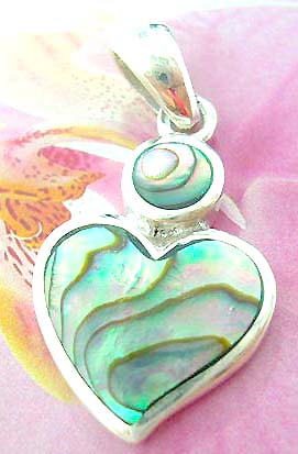 Heart shape abalone seahell inaly Thailand made solid sterling silver charm pendant with a rounded mini abalone seashell on top