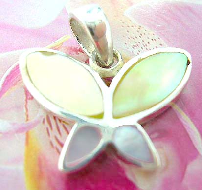2 yellow and 2 mini pinky seashell forming butterfly Thailand made solid sterling silver charm pendant