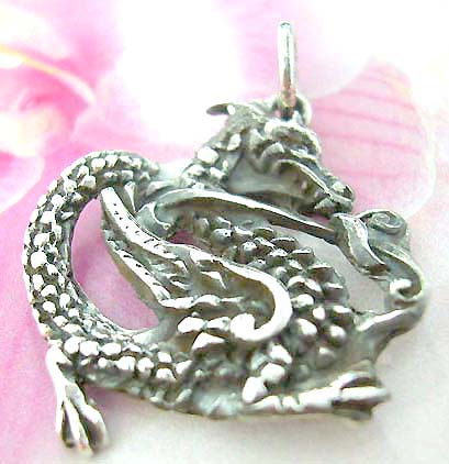 Oriental power carved-out majestic dragon Thailand made solid sterling silver charm pendant