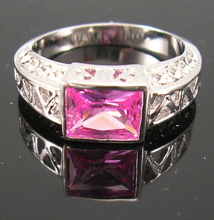 Fashion occasion cz ring jewelry shop wholesaler supply pink cz ring paired with multi clear cz embedded two rows