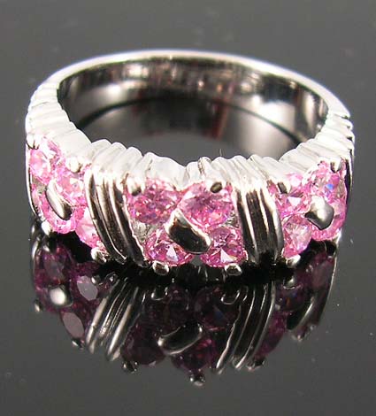 Wholesale custom cubic zirconia fashion gift jewelry for special event - rhodium ring with multi pink cz embedded in three square pattern design
