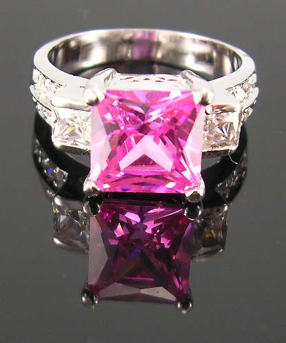 Cubic zirconia jewelry gift shop for pink lover supplier in princess cut pink cz ring paired with multi clear cz 