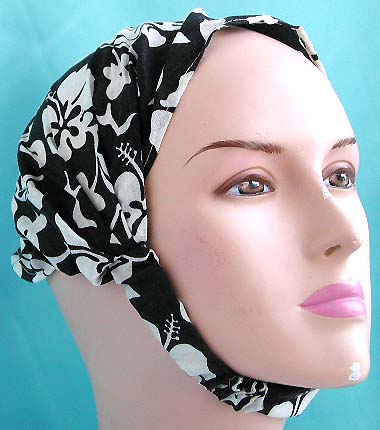 Wholesale head bandana, one size fits all at exclusive price store, head scarf with stretchable end in black hawaiian ginger flower design