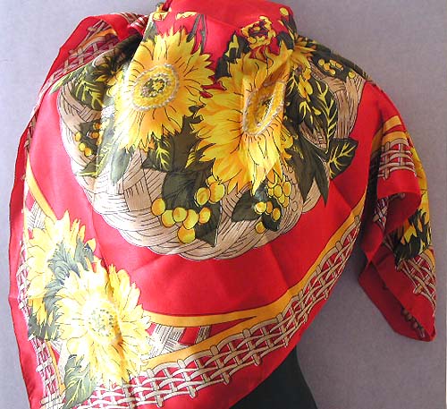 Finest selection of color and style scarves wholesale for her supply polyester scarf with yellow sun flower in red circle park design