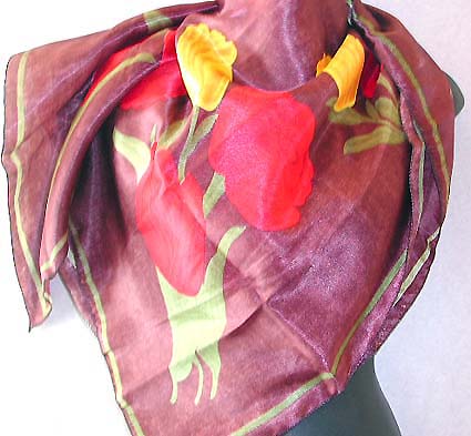 Fashion accessories in scarf distributor in Canada - purple motif red and yellow flower design large square scarf