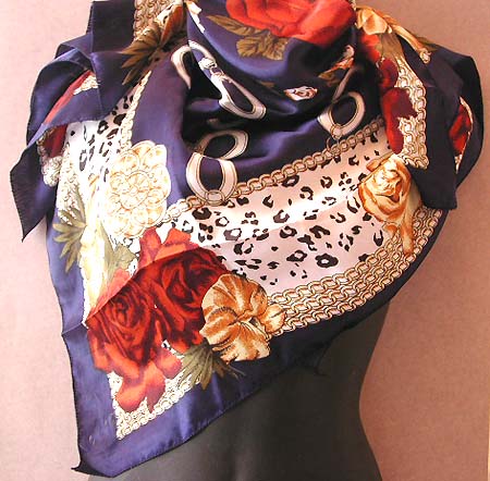 Canada fashion women scarf wholesaler in flower theme supply square polyester scarf in flowery pattern design with Celtic knot work at color blue center holding red rose motif 
