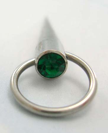 Fine straight body barbell jewelry in surgical steel for belly botton with green Cz and circular loop      
