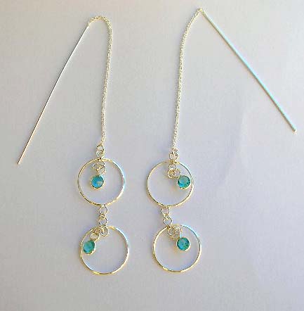 Fashion quality silver thread jewelry supplier light green Cz sterling silver ear strings with double circles       