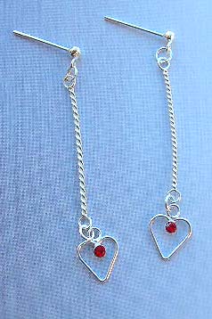 Shop for silve jewelry fashion online, 925 stamped sterling silver chain heart earrings with red cubic zirconia        