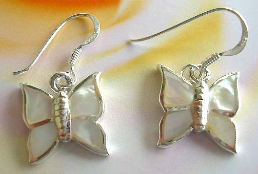 Fashion animal jewelry seashell wholesale supply white mother of pearl in butterfly design sterling silver earrings   