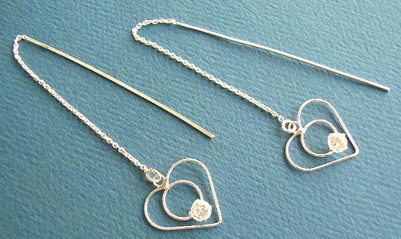Wholesale supplier fashion jewelry - sterling silver threader earrings with clear Cz in heart shape design