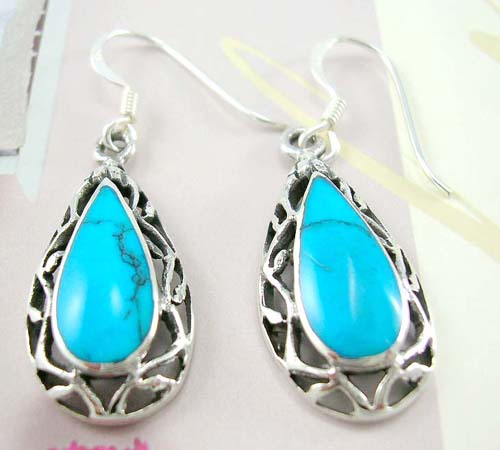 Online reconstructed turquoise supply store - sterling silver earrings in water-drop design with turquoise inlay   