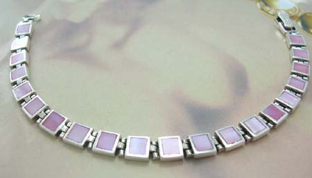 Holiday pearl bracelet jewelry shopping for her in sterling silver square-shaped bracelet with pink mother of pearl inlay