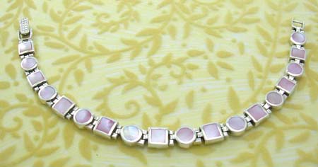 Delicate mother of pearl love gift wholesale, 925 sterling silver bracelet with pink mother of pearl inlaid rounded and square shape 