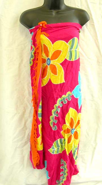 Womens resort clothing exporter supplies hot pink indonesian pareo wrap with tropical  pattern 