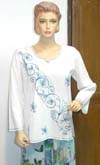 Full sleeves white v-neck shirt with diagonal blue embroidery floral pattern