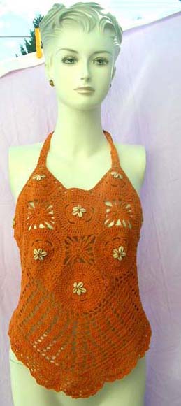 Seashell flower motif on crochet halter top with crafted knit patterns from international indonesian wholesale manufacturing factory