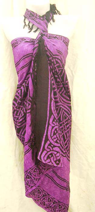 Swim wear accessory shopping online, crafted square celtic knot motif on purple resort bikini wrap