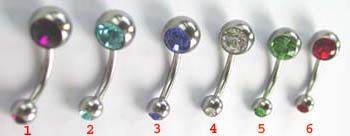 Lady's belly button ring wholesale-- Assorted fashion design of belly button ring with germ inside the sphere on the both end sides    