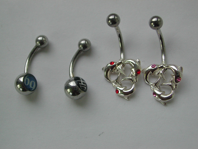 Discount body jewelry wholesale--Fashion belly button ring with assorted cz on the body of three dolphins            