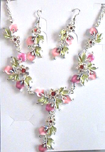 Wholesale jewelryset - Fashion charm jewelry set with green leaf and pink flower design     