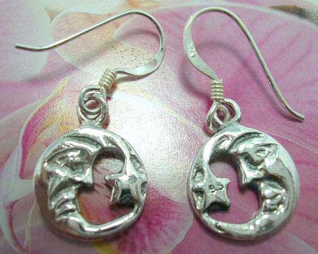 Circular sterling silver French fish hook earwires  earring with star and moon pattern               