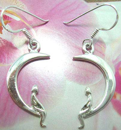 Sterling silver French fish hook earwires  earring with girl sitting on the moon pattern                