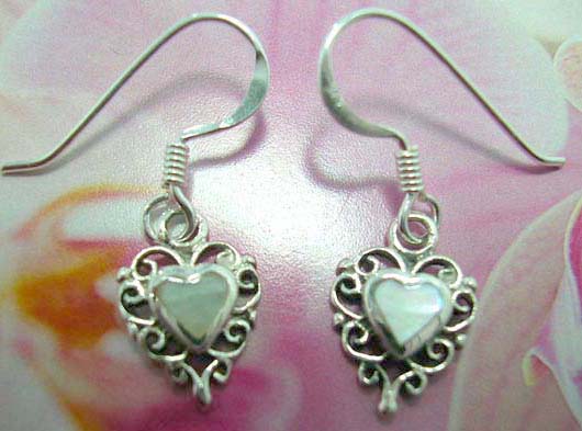 White mother of seashell and heart shape made with sterling silver French fish hook earwires earring