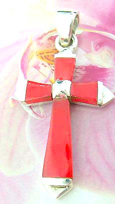 4 red stone forming cross with arrow-edge  Thailand made solid sterling silver charm pendant
                       