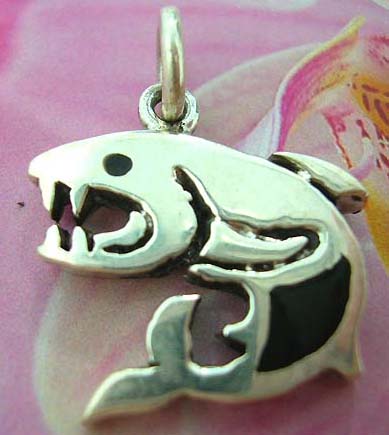Shark Thailand made solid sterling silver charm pendant with onyx
             