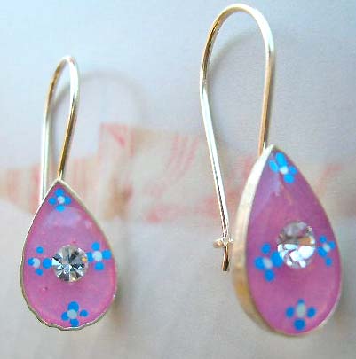 Teens jewelry fashion shopping online supply pinkish enamel water-drop sterling silver earring with clear Cz in middle         