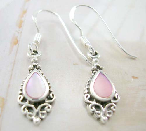 Quality seashell fashion jewelry supply distributor sterling silver earrings in olive design with pink mother-of-pearl inlay   