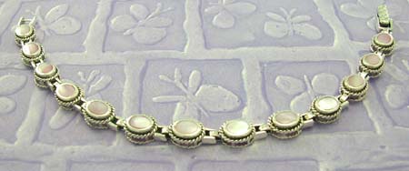 Lady's peral fashion jewelry in bracelet shop online - pink mother of pearl inlaid oval shape bracelet made 925 sterling silver 